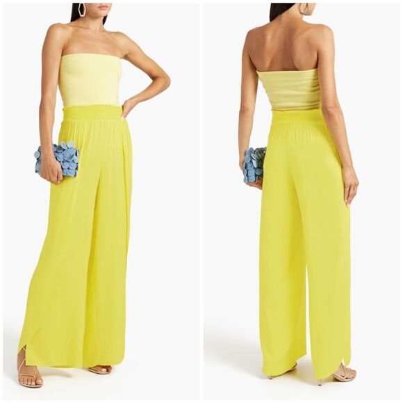 Alice + Olivia Larissa Smocked Waistband Wide Leg Split Pants in Yellow XS - Picture 2 of 9
